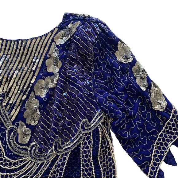 Vintage Royal Blue Pure Silk Beaded Pearl & Silver Sequins V-Neck Retro Blouse - Picture 9 of 10